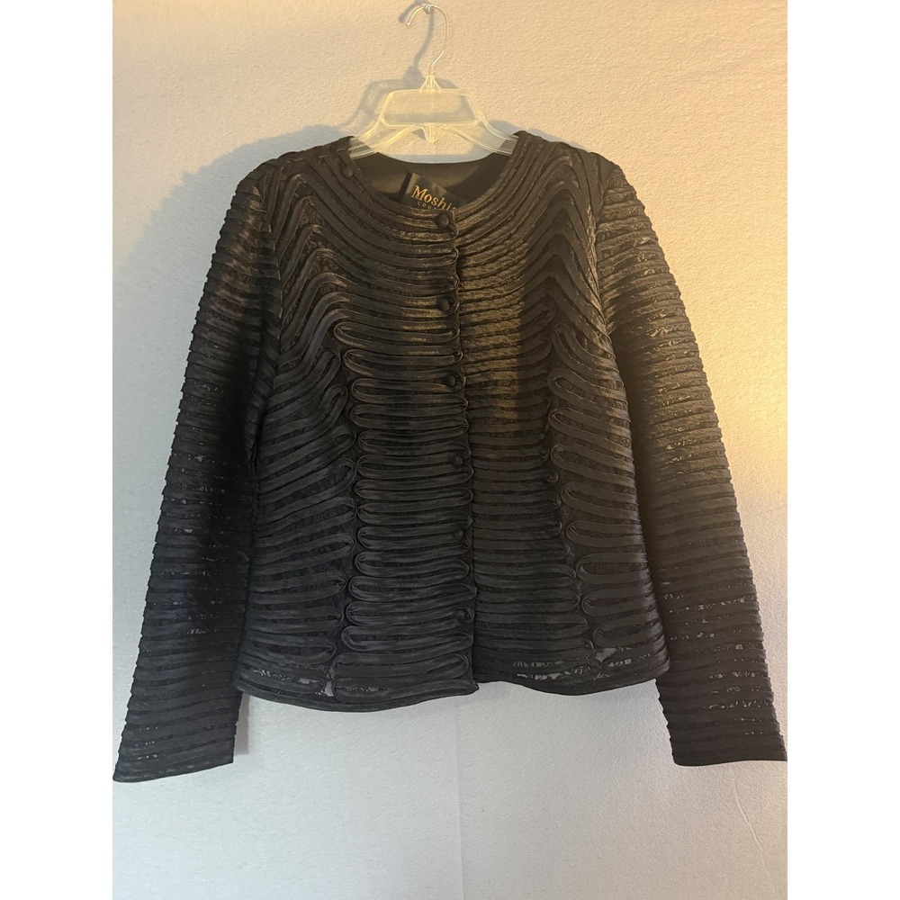 Moshita Couture Jacket Womens Large Black Lace Mesh Military Button Lined Formal